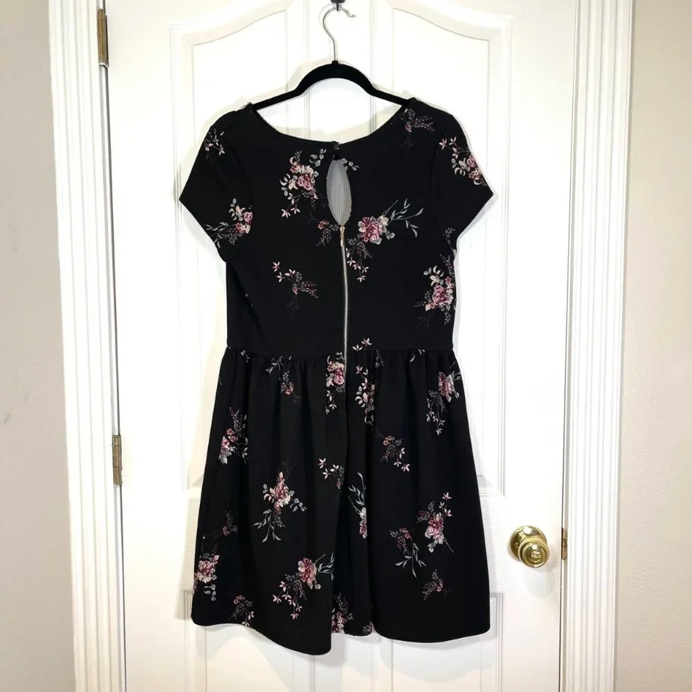 Xhilaration Black Floral Fit & Flare Dress Embellished Neckline Size XXL